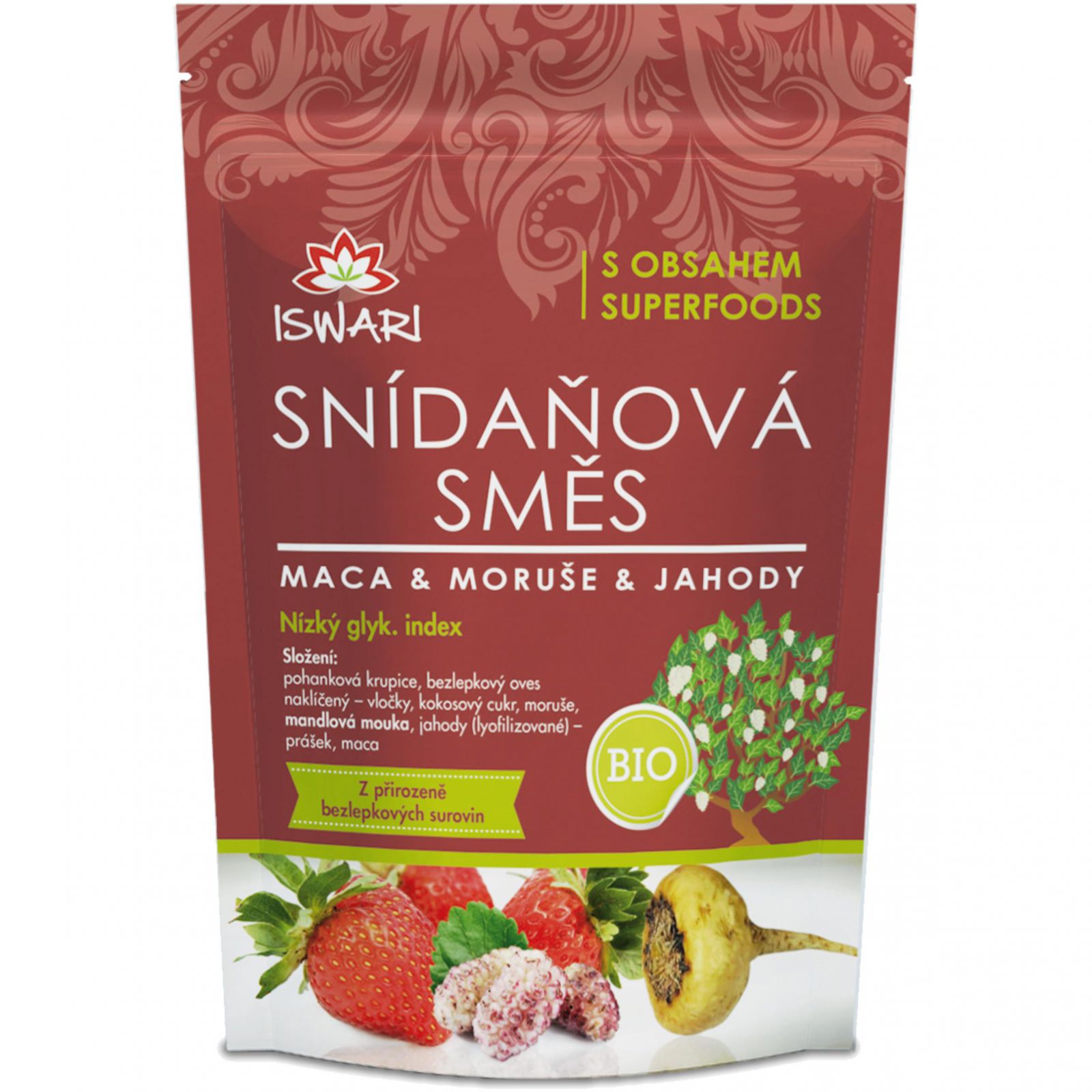 Iswari BIO Snídaňová směs 300 g -  maca & moruše & jahody 